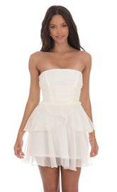 Shimmer Petal Ruffle Strapless Dress in Ivory
