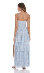 Floral Mesh Ruffle Maxi Dress in Blue