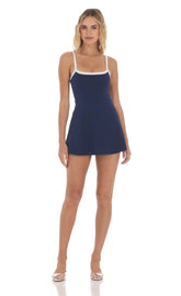 White Trim A-line Romper in Navy