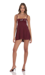 Beaded Floral Babydoll Dress in Burgundy