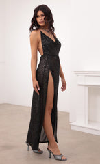 Cowl Neck Maxi Dress in Black Sequin