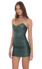 Metallic Crinkle Pointed Bodycon Dress in Forest Green