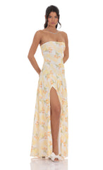 Floral Strapless Drop Waist Maxi Dress in Yellow