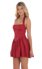 Satin Halter A-line Dress in Red