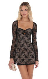 Lace Twist Cutout Dress in Black