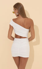 Gold Foil Ruched Dress in White