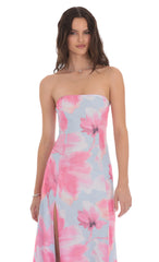 Floral Mesh Strapless Dress in Light Blue