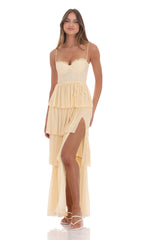 Mesh Ruffle Maxi Dress in Yellow