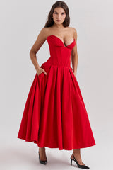 scarlet strapless midi dress