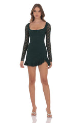 Lace Ruffle Long Sleeve Dress in Green