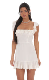 Satin Ruffle Mini Dress in Ivory