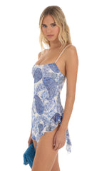 Paisley Ruffle Slit Mini Dress in White