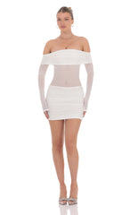Rhinestone Mesh Off Shoulder Dress in White