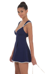 Embroidered Trim Cap Sleeve Dress in Navy