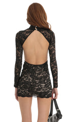 Sequin Lace Open Back Dress in Black