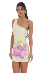 One Shoulder Floral Print Dress in Pastel Green