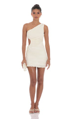 Pleated One Shoulder Dress in Ivory