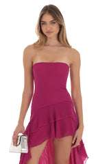 Strapless Mesh High Low Dress in Magenta
