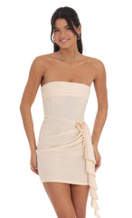 Rose Strapless Ruched Tassel Dress in Cream