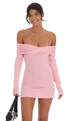 Twist Ribbed Off Shoulder Sweater Dress in Pink