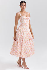 peach poppy print cotton bustier sundress