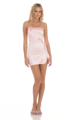 Flower Satin Ruffle Slit Dress in Pink