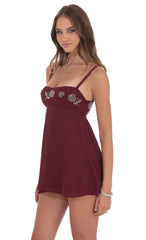 Beaded Floral Babydoll Dress in Burgundy