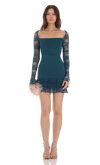 Lace Ruffle Bodycon Dress in Teal