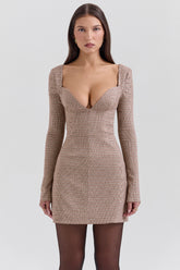 brown puppytooth check plunge mini dress