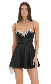 Embroidery Lace Satin A-line Dress in Black