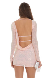 Sequin High Neck Open Back Dress in Pink