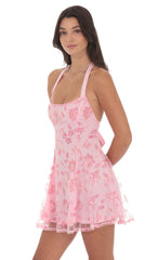 Sequin Floral Halter Open Back Dress in Pink