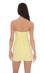 Strapless Ruched Bodycon Dress in Yellow