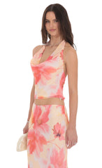 Floral Cowl Neck Halter Top in Orange