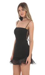 Flower Choker Square Neck Ruffle Dress in Black