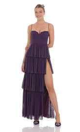 Mesh Ruffle Maxi Dress in Dark Purple
