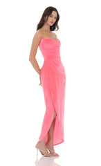 Velvet Asymmetrical Maxi Dress in Hot Pink
