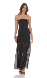 Strapless Chiffon Drop Skirt Maxi Dress in Black