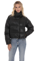 Faux Leather Puffer Jacket in Black