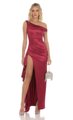Satin Off Shoulder Maxi Dress in Maroon