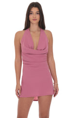 Cowl Neck Halter Dress in Rose Pink