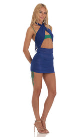 Mesh Two Toned Wrap Halter Dress in Green and Blue