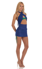 Mesh Two Toned Wrap Halter Dress in Green and Blue