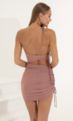 Dotted Ruched Cutout Dress in Mauve