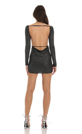 Shimmer Long Sleeve Open Back Bodycon Dress in Black