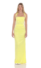 Satin Halter Maxi Dress in Yellow
