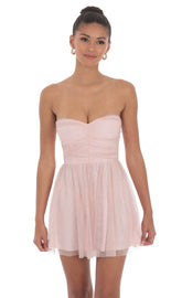 Glitter Strapless A-Line Dress in Pink