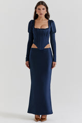navy satin bias cut maxi skirt