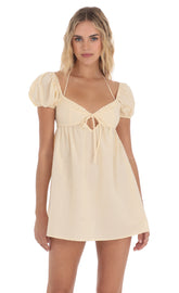 Dotted Puff Sleeve Babydoll Dress in Peach