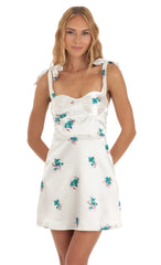 Satin Floral Dress in White